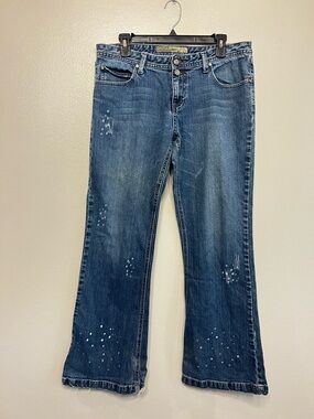 Mudd 90s Y2K Distressed Embroidered Boho Flare Blue Jeans Juniors Sz 15